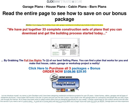 Garage, House, Cabin, Shed, Playhouse, Greenhouse & Barn Plans